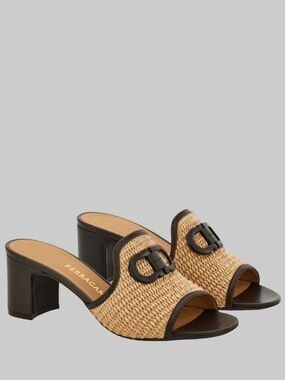 Salvatore Ferragamo Natural Raffia Slide Mules with Black Trim